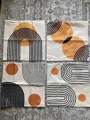 NEW Set of 4 Boho Mid Century Orange & Black Abstract Geometric Pillow Covers-image