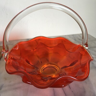 Vintage Red Orange Ruffled Edge Glass Candy Basket Mid Century Style 7 by 7 inch-image