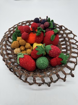 Crochet Fruit Basket VTG Hand Crochet Grapes Strawberries Apple Orange Mid Centu-image