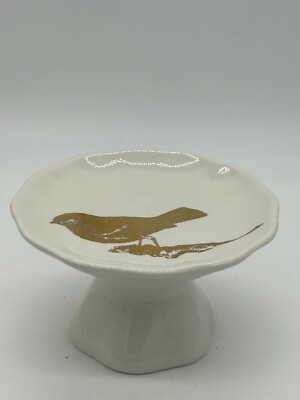 Creative Co-Op 6” Pedestal Cake/Dessert Plate w/ Gold Bird Accent-image