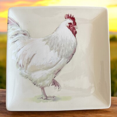 Creative Co-op White Leghorn Rooster Square 11” Plate Platter Chad Barrett-image