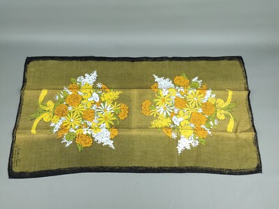 Vintage 70's Linen Towel Luther Travis Mid Century Floral Green Yellow Orange-image