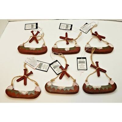 New Set of 6 Wood Canoe Glitter Creative Co-Op Christmas Tree Ornament Lake-image