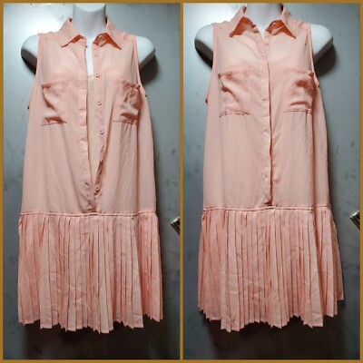 ASTR Peach Orange Pleated Drop Waist Button Front Sleeveless Dress ~ S M3020-image