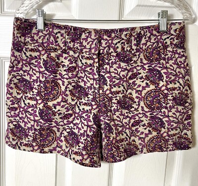 Ann Taylor LOFT Shorts Linen Blend Purple/Cream/Orange Mid Rise Size 4(Small)-image