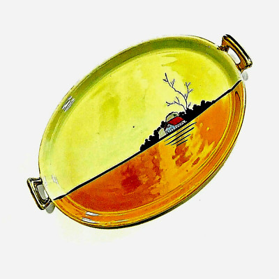NIPPON Mid Century Oval Luster Ware Candy Dish Small Trinket Plate Gold Handles-image