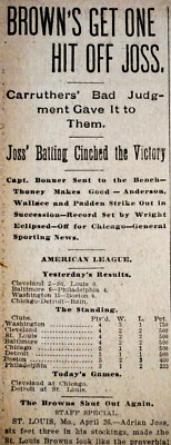 1902 Newspaper Page - Cleveland Pitcher Addie Joss Throws 1 Hitter in Debut-image