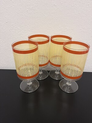 Four (4) Rare Libbey Stemmed Drinking Glasses Mid Century Orange Bamboo, 12 Oz-image