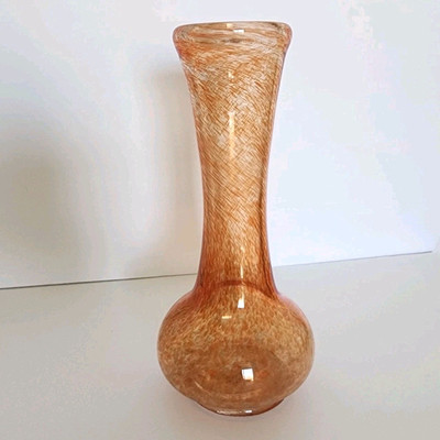 Bud Vase Glass Hand Blown Bulb Shape Peach Orange Splatter Swirl Mid-Century 10
