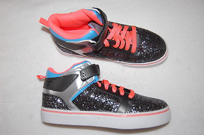 Girls Athletic Shoes BLACK SILVER GLITTER MID RISE HIGH TOPS Neon Orange Blue 3-image