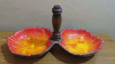 VINTAGE MCM TRESURE CRAFT DOUBLE LEAF ORANGE YELLOW TIDBIT BOWL-image
