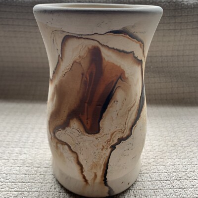 Nemadji Pottery USA  6” Vase beige browns some orange swirls Mid South Western-image