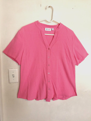 Denim & Co Womens Blouse XL Pink Button Up Shirt V-Neck Short Sleeve Boho Office-image