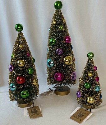 Frosted Gold Bottle Brush Trees with Ornaments Set/3 Creative co-op New With Tag-image