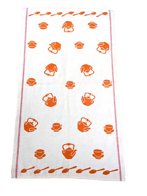 Cannon Tea Towel Mid Century White Orange Kettle Cup Spoon Pattern Vintage-image