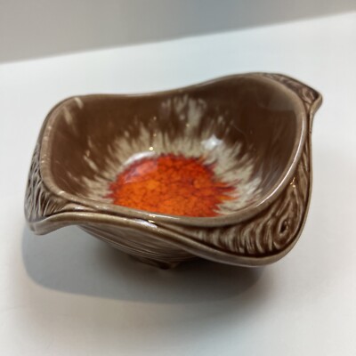 Vintage Pottery Candy Nut Dish Orange & Brown ~ Mid Century ~ 964-image