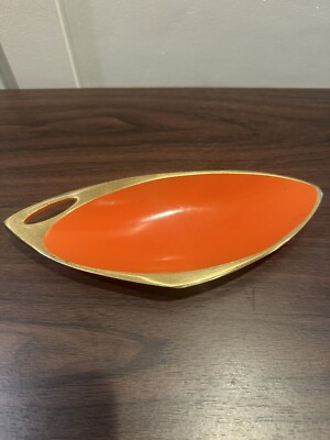 Vintage Mid Century Orange & Gold Enamel Trinket Dish Made In Israel-image