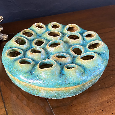 Art Pottery Turquoise-colored Creative Co-Op Lotus Vase Flower Frog Bowl-image