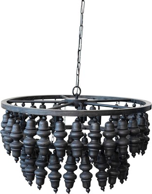 Creative Co-Op Round Metal Mango Wood Bead Chandelier Five Lights Black-image