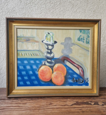 Mid Century Original Still Life Oil Painting From Sweden- still life with orange-image