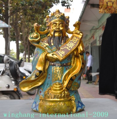 Old Chinese joss Bronze gilt Cloisonne Enamel Mammon Jambhala Wealth god Statue-image