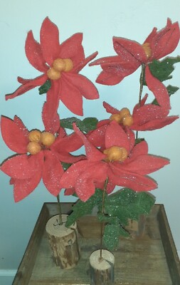 Glittered Red Felt Stem Poinsettia w/Real Wood Base 22