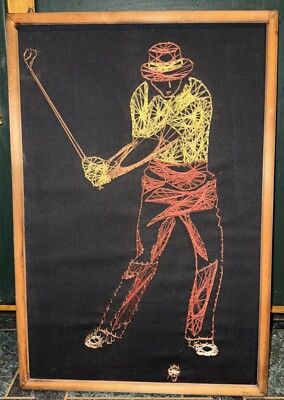 Vtg Mid Century Golf String Art Mid Swing PGA Yellow Orange Black 17 X 25”-image