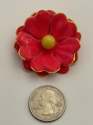 Vintage Mid Century Mod Pinkish Orange & Yellow Flower Brooch #HippyChic-image