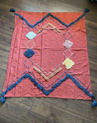 Creative Co-Op Woven Cotton Throw Red w/Diamonds Tufted Boho Design 60x50