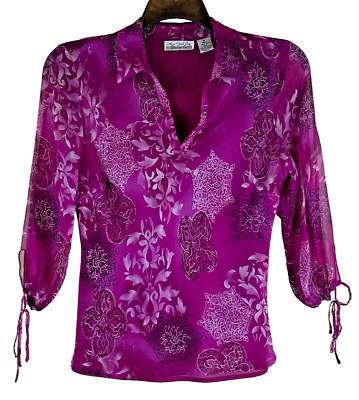NYC Designs Co Silk Blouse women Sz M Boho V-Neck Lined 3/4 Sleeve Purple-image