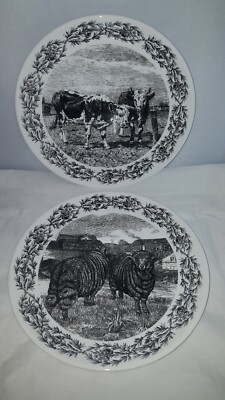 RARE Set Of 2 Creative Co-Op 8 Plates Cow and Rams / Sheep-image