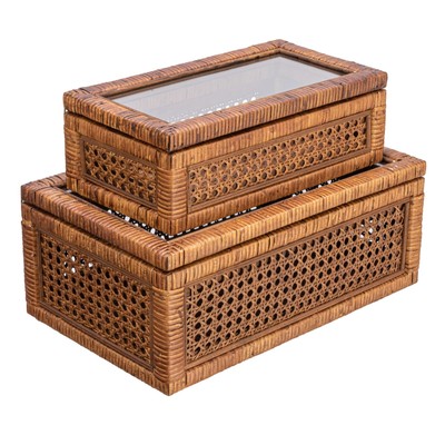 Creative Co-Op Modern Decorative Rectangle Woven Rattan and Wood Display Boxe...-image