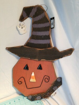 Creative Co-Op - Wood & Porcelain Pumpkin in a Witches Hat - Halloween Wall Deco-image