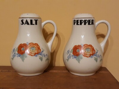 Hall’s ORANGE Poppy Salt & Pepper Shakers Handled Lettered Mid Century Hall USA-image