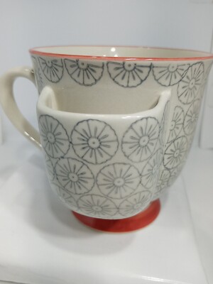 CREATIVE CO-OP COFFEE MUG.  TEA BAG HOLDER MUG. DECORATIVE FOOTED MUG. B337-image