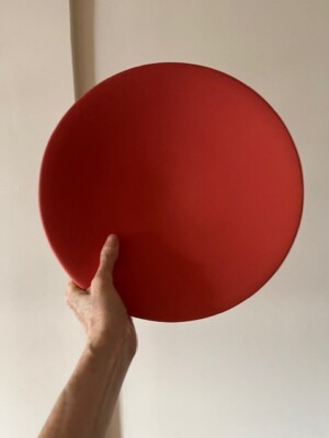 Mid century modern matte ceramic orange red fruit bowl plate platter-image