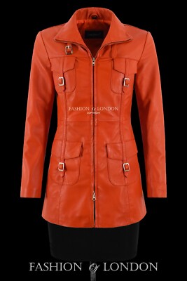 Ladies Zip up Leather Jacket Orange Mid Length Slim Fit Style Casual Jacket Coat-image