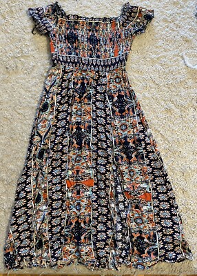 UNBRANDED blue orange mid calf short sleeve dress medium m-image