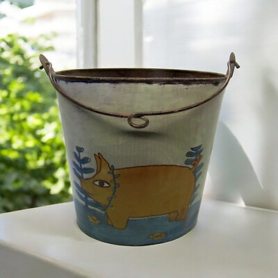 Creative Co-Op Rustic Bucket With Hand Painted Pig-image