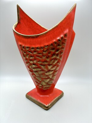 Cadmium Selenium Orange Ceramic Vase Mid Century Modern Swung Textured Art Rare-image