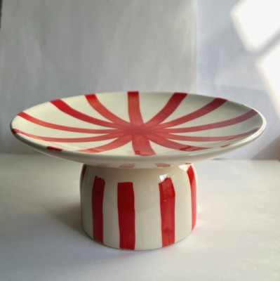 Creative Co-Op, Red and Cream Hand-Painted Stoneware Pedestal with Stripes-image