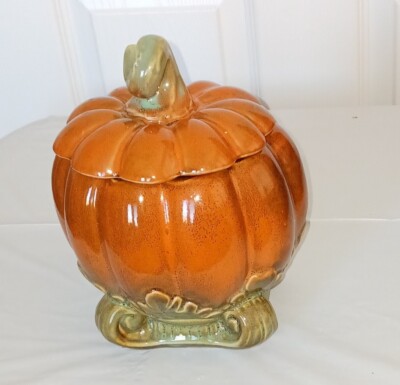 Pumpkin Candy/ Cookie Jar  Orange with Green Leaf accents and Stem-image