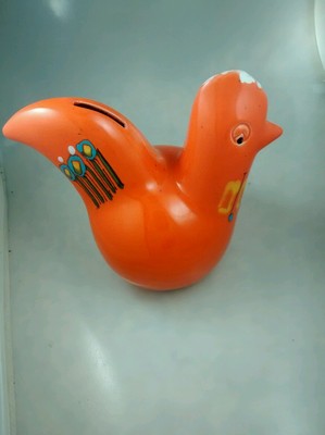 Mid century modernist Italy Bitossi orange rooster piggy bank  chip on head-image