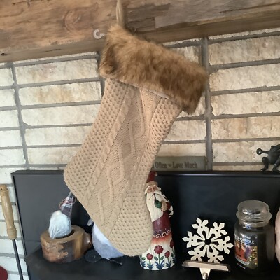 Creative Co-Op Brown Beige Faux Fur Knit Woven Sweater Christmas Stocking-image