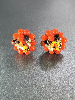 Vintage Japan Earrings Clip On Orange And Black Cluster Mid Century Modern-image