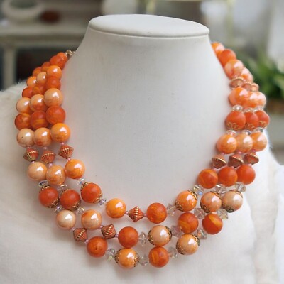 Vintage Retro Triple Strand Orange Faux Pearl Necklace  Mid-Century Glamour-image