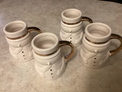 4 Creative Co-Op Stoneware Snowman Mini Mugs Gold Trim -image