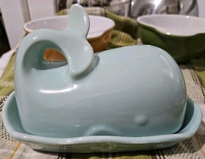 Creative Co-op Whale Shaped Butter Dish w/ Lid Aqua Blue/Green-image