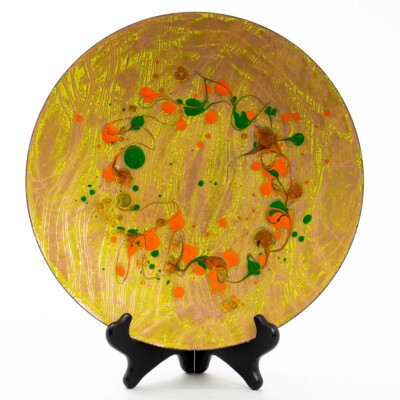 Mid-Century Modernist Copper Enamel Plate Green & Orange Signed 