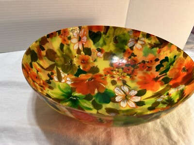 Vintage Mid Century Large Fiberglass Bowl Floral Spring Colors 14